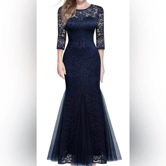 Miusol Dresses | Miusol Navy Blue Formal Lace/Tulle Long 3/4 Sleeve Dress Size M | Color: Blue | Size: M | Chezritz's Closet Miusol Dresses | Miusol Navy Blue Formal Lace/Tulle Long 3/4 Sleeve Dress Size M | Color: Blue | Size: M | Chezritz's Closet